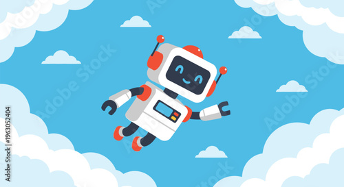 Cartoon Robot Flying Among White Clouds 3.