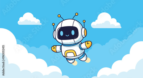 Cartoon Robot Flying in the Sky.