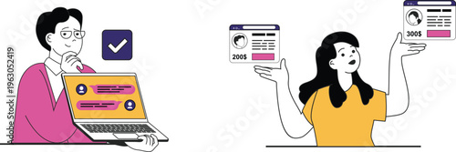 A man approves a profile while a woman excitedly compares two different user profiles and their price tags