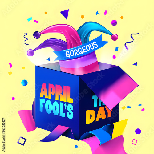 Colorful illustration of april fools day box with jester hat and confetti