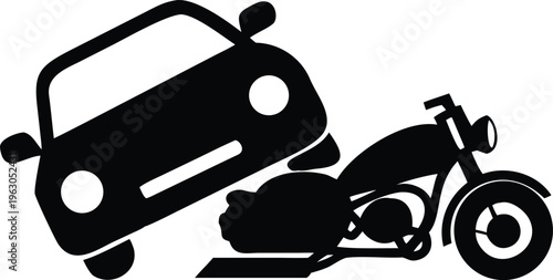 Black silhouette illustration depicting a car and motorcycle collision