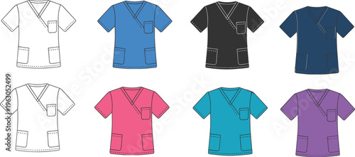 Medical scrubs collection, healthcare uniform variety, colorful nurse apparel, hospital clothing options, professional doctor attire, clinical workwear showcase, healthcare fashion essentials