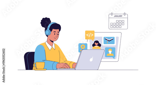 Woman Working on Laptop with Headphones.