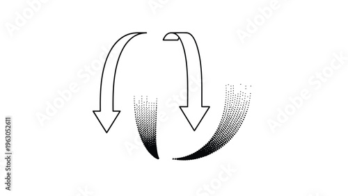 A minimalist black and white illustration depicts two opposing curving arrows pointing downwards