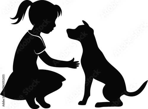 A silhouette of a young girl gently interacting with a dog