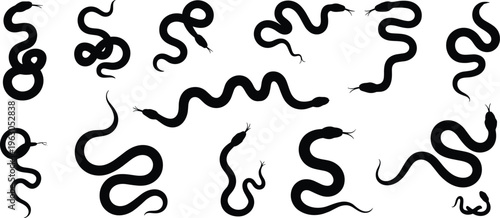 Snake silhouettes collection, coiled reptile vector, slithering serpent artwork, wildlife illustration, black reptile design, nature symbol, animal clipart, minimalist art