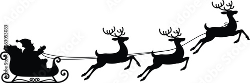 Santa Claus silhouette riding sleigh, flying reindeer, Christmas festive artwork, holiday tradition, winter celebration, seasonal folklore, gift delivery, iconic design