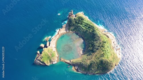Aerial view of Ilheu de Vila Franca do Campo crater island, Sao Miguel, Azores, Portugal
