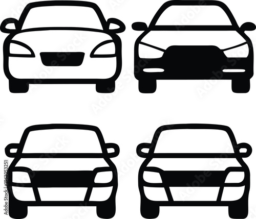 Four black silhouettes of modern cars facing forward in a grid