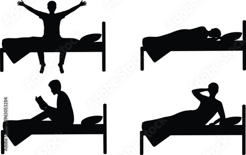 Four black silhouettes on beds, sleeping, waking, reading, relaxing, lifestyle concept, daily routine artwork, human activities, leisure, rest illustration