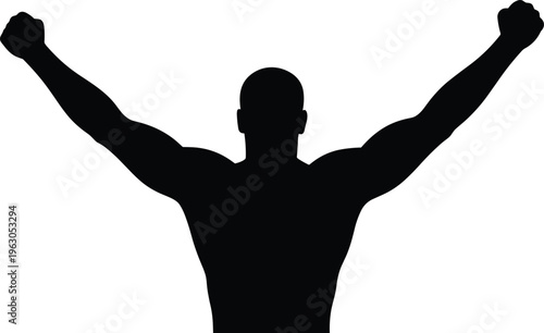 Black silhouette person celebrating victory, raised arms, clenched fists, triumphant pose, empowerment concept, success achievement, motivational artwork, confident human figure