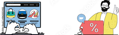 Man highlighting zero percent finance deal while shopping online for luxury bags, shoes, and accessories on laptop screen