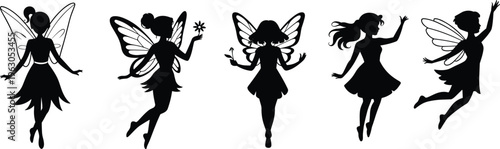 Fairy silhouettes, magical wings, fantasy figures, whimsical design, folklore icon, enchanted pose, mystical art, black outline, mythical creature, imaginative illustration