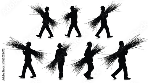 Silhouettes of farmers carrying bundles of wheat or hay across a bright white background