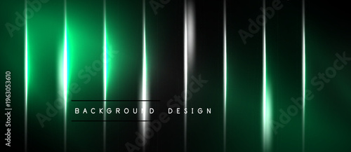 Dark background features vertical glowing lines. Green, silver hues create dynamic visual effect. Text reads background design.