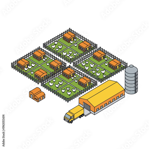 Isometric Farm with Livestock and Equipment.