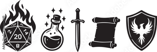 Fantasy Tabletop RPG Icons Set with D20 Flaming Die, Magic Potion, Sword, Scroll, and Phoenix Shield Vector