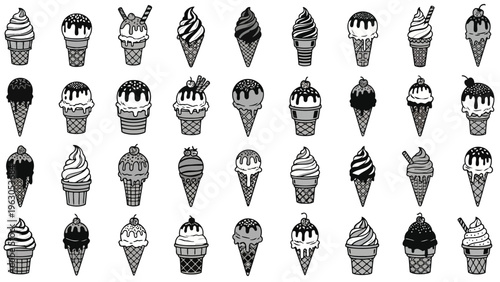A repeating pattern showcases various monochromatic ice cream cones with differing textures and designs