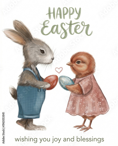 Easter bunny and chick exchanging colorful eggs with joy  