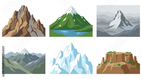 Collection of various mountain peak landscapes and rock formations.