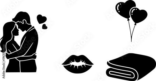 Romantic Elements and Couple Intimacy Silhouette Collection - Love Heart Balloons, Lips, and Blanket Vector Set