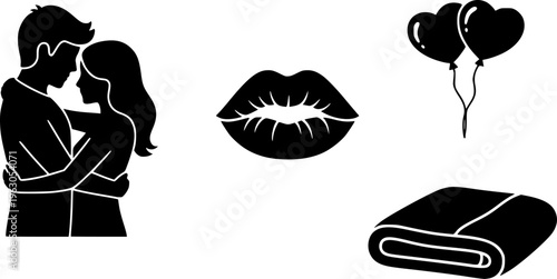 Romantic Elements and Couple Intimacy Silhouette Collection - Love Heart Balloons, Lips, and Blanket Vector Set