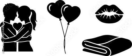 Romantic Elements and Couple Intimacy Silhouette Collection - Love Heart Balloons, Lips, and Blanket Vector Set