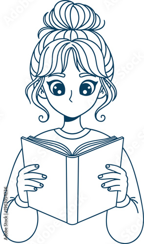 cute girl reading book line art illustration, cad drawing flat vector illustration, education learning concept, minimal outline style character design