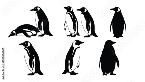 A collection of monochrome penguin silhouettes in various poses depicting a playful scene
