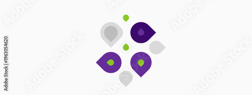 Abstract design features droplet shapes, purple, gray, green hues. Minimalist composition suggests connection, network, or growth concept.