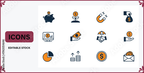Collection of business and finance icons on white background