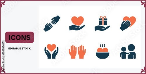 Collection of charity and donation icons in flat design  hands holding hearts and gifts  symbols of aid and support