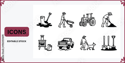 Collection of line icons depicting farming and gardening activities and tools in simple black and white style