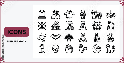 Halloween icons set including ghost spider skeleton and other symbols  editable stock