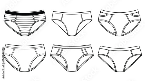 A technical illustration depicting six different styles of women s underwear designs in black and white