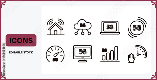 Set of 5G network icons including house cloud laptop speedometer computer graph hand  technology symbols for business and internet concepts