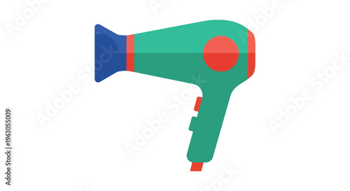 Green hair dryer with red accents and blue nozzle in flat colorful illustration for beauty service