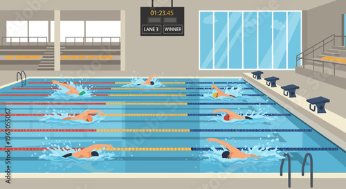 Competitive swimming race in indoor pool with swimmers and scoreboard