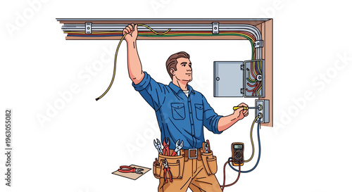 Electrician installing wiring in wall with tools and electrical panel