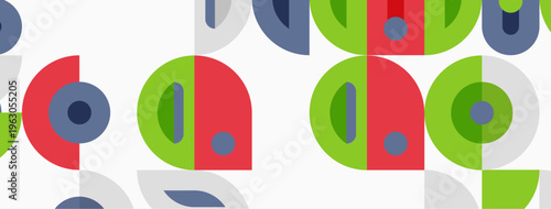 Geometric pattern features overlapping circles, semicircles. Red, green, blue hues create playful, modern aesthetic. Simple shapes repeat seamlessly.