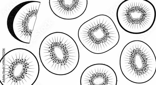 Kiwi Slices Pattern, Black and White Line Art, Fresh Fruit Illustration