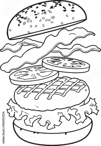 Exploded view illustration of a classic hamburger with sesame seed bun, lettuce, tomato slices, bacon strips, and grilled patty, perfect for food blogs and menus