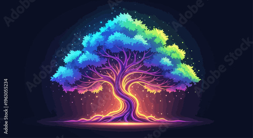 Mystical Glowing Tree of Life, Vibrant Colors, Magical Forest, Fantasy Art