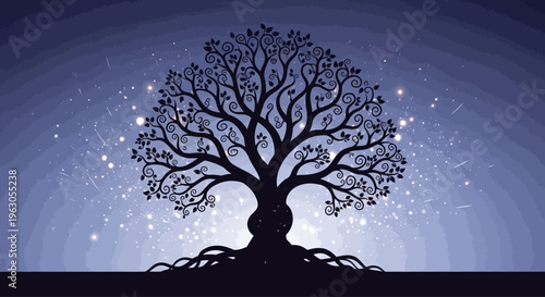 Mystical Tree of Life silhouette against starry night sky, roots spreading, glowing particles