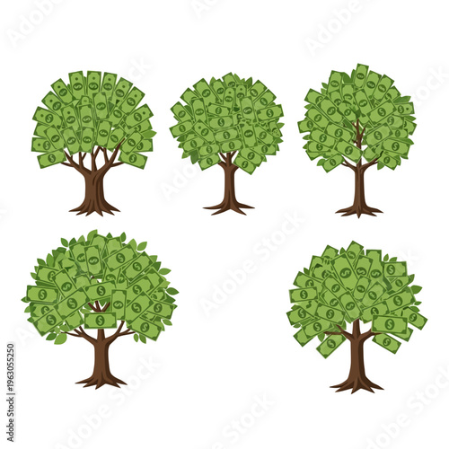 Money Tree Illustration: Five Green Trees Symbolizing Financial Growth and Wealth