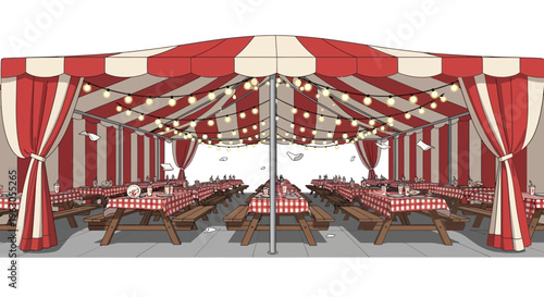 Outdoor Picnic Tent with String Lights and Red Gingham Tables