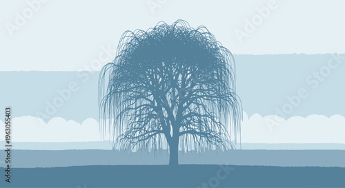 Serene Weeping Willow Tree Silhouette Against Misty Blue Horizon