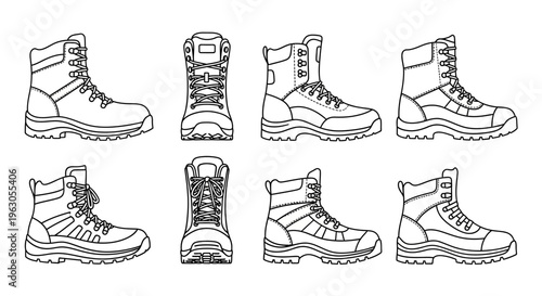 Set of Black and White Line Drawings of Tactical Boots, Multiple Views