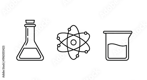 Laboratory glassware and atomic structure represented as a clean silhouette