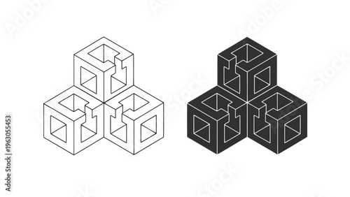 An optical illusion depicts two interlocking cubic structures one light and one dark